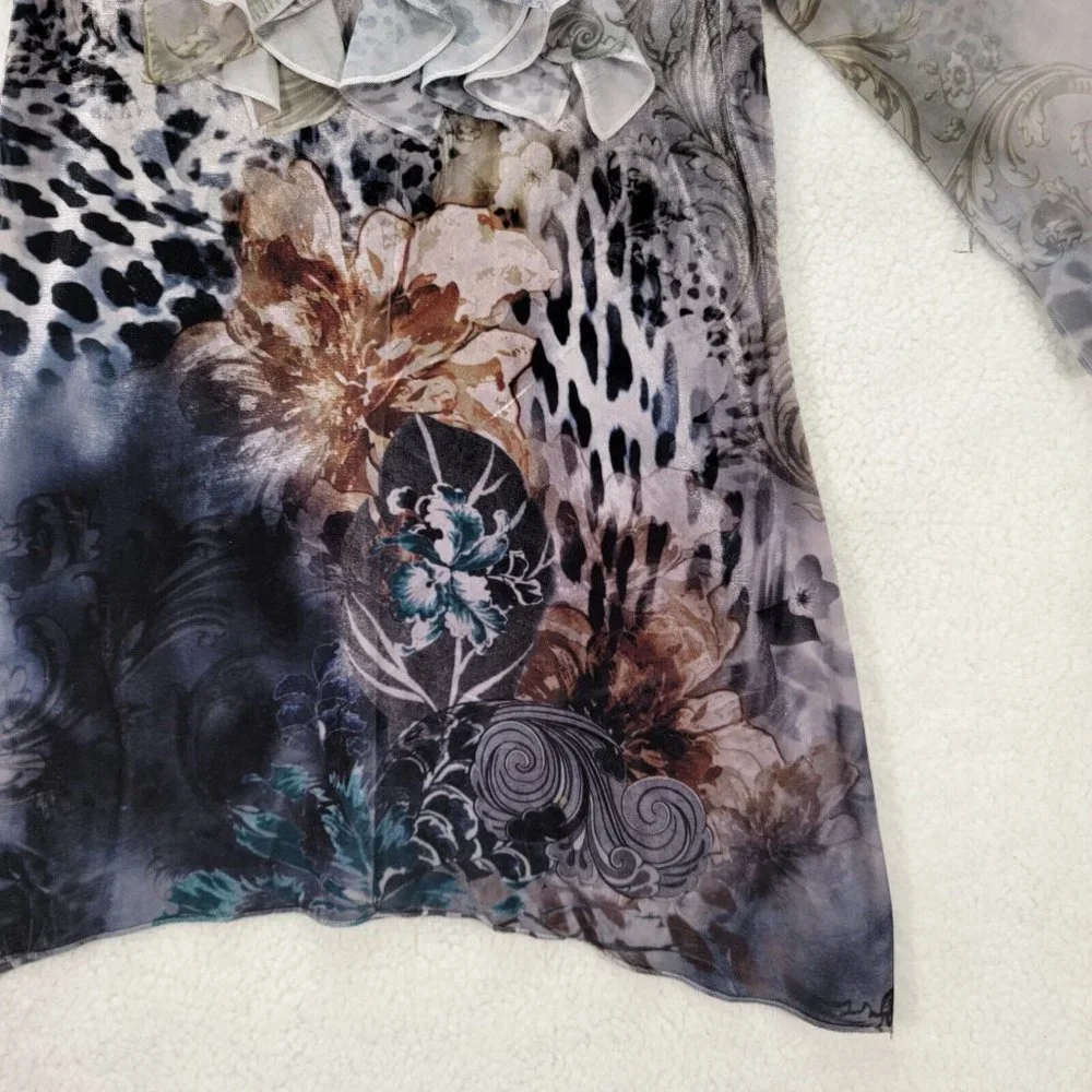 Bleu Womens Top Size S Blue Animal Print Flowy Ruffled Y2K Colorful Tunic Blouse - Picture 4 of 12